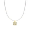 Imitation pearl necklace featuring a gold letter W pendant with sparkling zircon inlays - Letter W