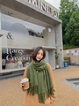 Deep green cashmere scarf with fringe details worn over a camel sweater for winter style - Tassel Style / 260g (200x70cm) / Army Green