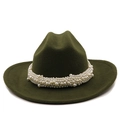 Detail of olive green wool fedora hat featuring a luxury white pearl beaded band accessory - M (56-58cm) / Army Green