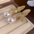 Elegant gold bow earrings with sparkling pavé crystals and drop-shaped white pearls - E5199 Silver Pin-Gold