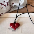 New Chinese style red heart beaded necklace with black cord on soft fabric background - 18# Necklace - Red-Heart
