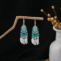 Ethnic silver earrings with turquoise beads and feather pendants on wooden branch - Feather Tassel Artificial Turquoise Blue Style (E1120/Blue)