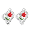 Silver alloy heart pendant with red tulip design and inlaid rhinestones for DIY jewelry - Red-Silver Plated