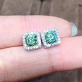 Square halo stud earrings featuring a green round center stone and silver base - Blue-green Square Bag Earrings Led-151