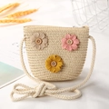 Kids mini straw bucket bag with floral accents and cotton rope shoulder strap - Button 3 Flowers / Beige