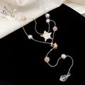 Detail of star pendant and water drop crystal on layered pearl tassel necklace - Silver-Coffee
