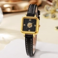 Montre carrée élégante pour femme en or avec bracelet en cuir noir et motif floral sur cadran - Bracelet Noir Boîtier Doré Cadran Noir