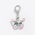 Detail of butterfly acrylic keychain with pink floral pattern and Mom love you forever text - Pink Floral - Important Piece