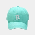Front detail of mint green vintage baseball cap with white 3D letter R embroidery - Adjustable / Lake Blue