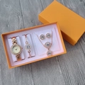 Close-up of rose gold watch and jewelry set with crystal accents in a luxury gift box - Rose Gold Set (Watch+Earrings+Necklace+Bracelet+Box)