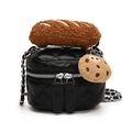 Black quilted mini bucket bag featuring plush bread handle and cute cookie charm - Black