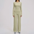Sage green two-piece yoga set featuring slim long sleeve top and high waist wide leg pants - S / Moss Green