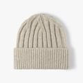 Thick beige ribbed knit beanie with warm fleece texture and folded cuff for winter - One Size / Beige