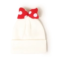 Detail of white knit beanie featuring a large 3D red polka dot bow decoration - S (54-56cm) / White