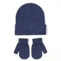 Detail view of navy blue knitted baby beanie and mittens set with soft texture - Navy Blue