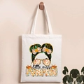 White canvas tote bag featuring autumn pumpkin and cartoon mother print for women - Little Miss PUMPKIN Print