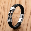 Close-up of black braided leather bracelet with silver engraved metal magnetic clasp - Carved Texture / 19cm
