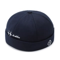 Retro dark blue Miki hat in cotton twill with white embroidery and brimless dock design - Navy Blue