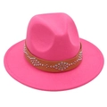 Detail of rose pink wool fedora hat featuring a brown belt with silver metal rivets - M (56-58cm) / Rose Red