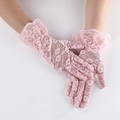 Women's light pink floral lace gloves with double ruffled cuffs and mesh texture - Child Size Pink