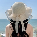 Women's cream white straw sun hat with lace bow and wide brim for beach vacations - Net Ribbon Creamy White