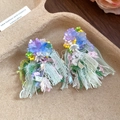 Handmade beach style raffia chiffon flower pendant earrings in colorful forest palette - Style 29 (Silver Pin) / Green