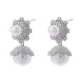 Detailed macro view of silver plated pearl earrings with micro-inlaid metallic caps - VE1220 Vintage Pearl Drop / White Gold