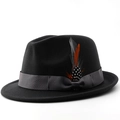 Black wool fedora hat with grey grosgrain bow and colorful feather accents for men and women - M (56-58cm) / Dark Gray