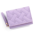 Short tri-fold purple PU leather wallet featuring heart embroidery and a gold buckle - Lavender