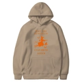 Khaki Halloween hoodie with orange graphic print and funny quote on white background - Camel