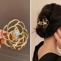 Golden rose hollow hair claw clip with large pearl detail for elegant hairstyles - Gold Hollow Pearl Rose Hair Claw / Gold