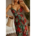 Bohemian V-neck maxi dress with tropical leaf print in red, green and brown tones - S / Red+Green