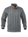 Detail of grey cable-knit sweater with high collar, button placket and contrast trim - Dark Gray