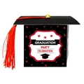 Close-up of black graduation cap gift box with red tassel and gold fastener detail - Red Tassel / Red