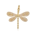 Macro detail of golden dragonfly pendant with pink enamel wings and flower patterns - Creamy White Dragonfly Pendant