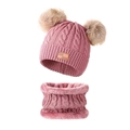 Pink knit cable hat and scarf set for kids with dual beige faux fur pom-poms and leather tag - Dusty Pink