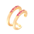 Double-layered golden ear cuff inlaid with red zircons in a minimalist U-shaped design - Deep Red Zirconia