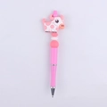 Detail of a pink plastic beaded pen featuring a cute silicone cartoon cow topper and silver ring - Pink Cow Print