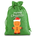 Close-up of green burlap Christmas drawstring bag with a cute gingerbread man icon - 9*12cm / Christmas 05-Green Gingerbread Man