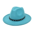 Detail of teal wool fedora hat featuring black band with silver metal rivet studs - Lake Blue