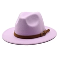 Classic purple wool felt fedora with flat brim and decorative brown belted hatband - Taro Purple