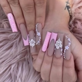 Extra long pink glitter French press-on nails with 3D white flowers and rhinestones - Pink Rhinestone Flower (SGCY-270) / Glue Type