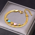 Double-layer gold snake chain bracelet with blue and pink enamel hearts and 925 heart charm - Gold Bracelet