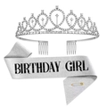 Detailansicht der silbernen Strass-Krone und Geburtstags-Glitzerschärpe mit Nadel - Birthday Girl Set / Silber