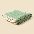 Detail of sage green waffle cotton baby blanket featuring delicate cream lace edging - 105*105 cm / Bean Green