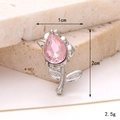 Macro shot of silver tulip shoe accessory with pink gemstone and dimension markings - Gem Rose Pink