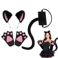 Plush black and pink cat cosplay set including cat ears headband, tail, and paw gloves - Black Pink Gloves 3-Piece Set