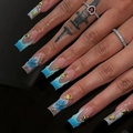 Blue ocean-themed coffin fake nails with 3D flowers, pearls and golden starfish - Ocean Blue 3D Flower Gradient Style (JP4233)
