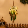 Eye-shaped dream catcher with green feathers and LED lights in rustic brown finish - Green Eye with LED Lights (Eye)