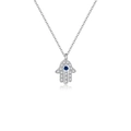 S925 sterling silver Hamsa hand necklace with white zircons and a blue evil eye stone - 925 Silver / Platinum